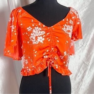 Saltwater Luxe Tropical Floral Ruched Flutter Sleeve Crop Top XS